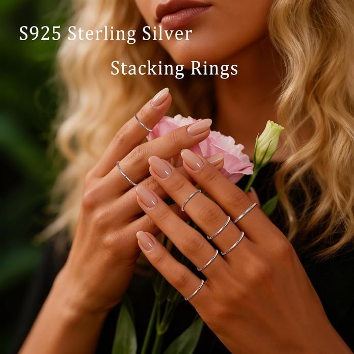 CANDYFANCY 925 Sterling Silver 1.2mm Stacking Midi Thin Rings Thumb Pinky Ring Stack Knuckle Rings for Women Band Ring Size 2.5-8.5