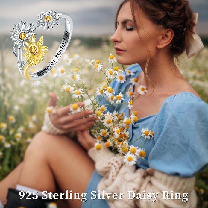925 Sterling Silver Cute Daisy ring - Cubic Zirconia Adjustable Comfort Fit Dainty Simple Flower Stacking Statement Ring jewelry for Grandmother Mother Daughter Jewelry Gifts