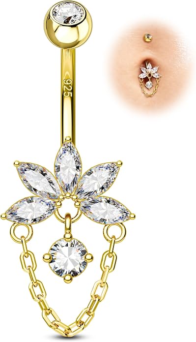 COCHARM Lotus 14K Gold Plated Belly Button Rings 925 Sterling Silver Belly Button Ring Dangle Navel Piercing Jewelry 10MM
