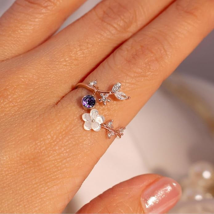 Birthstone Flower Rings For Women Non Tarnish Gemstone Cubic Zirconia Mother of Pearl Adjustable Size 7-11 Silver Rose 14K Gold Plated Birth Jewelry Gift For Birthday