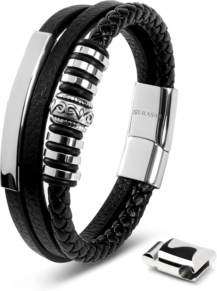 SERASAR Premium Leather Bracelet Men | Stainless Steel Magnetic Clasp | Three Colors | Jewelry Box Included