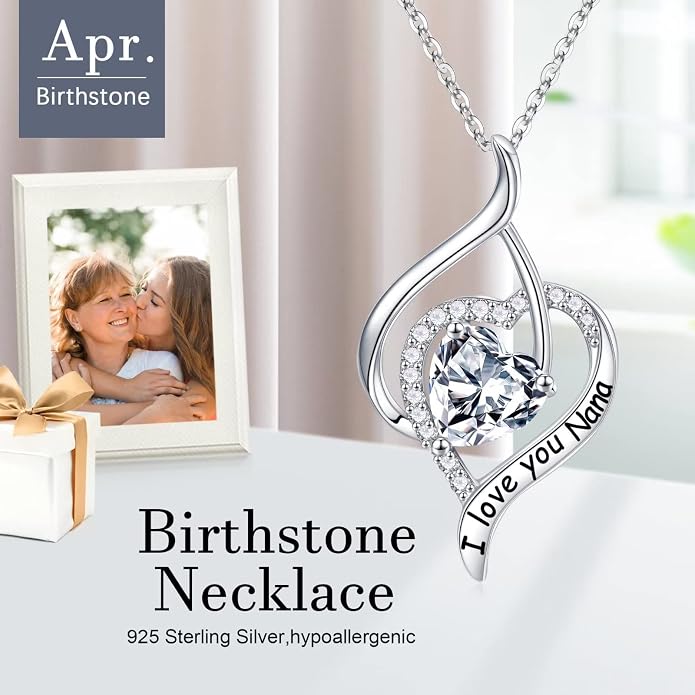 Nana Gifts Sterling Silver Heart Birthstone Necklaces, I Love You Nana Gifts for Mothers, Grandma