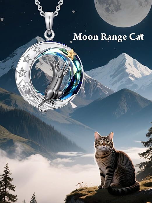 TOUPOP Cat Necklace Gifts for Women Sterling Silver Celtic Mounatin Moon Pendant with Blue Crystal Birthday Christmas Jewelry Gifts for Women