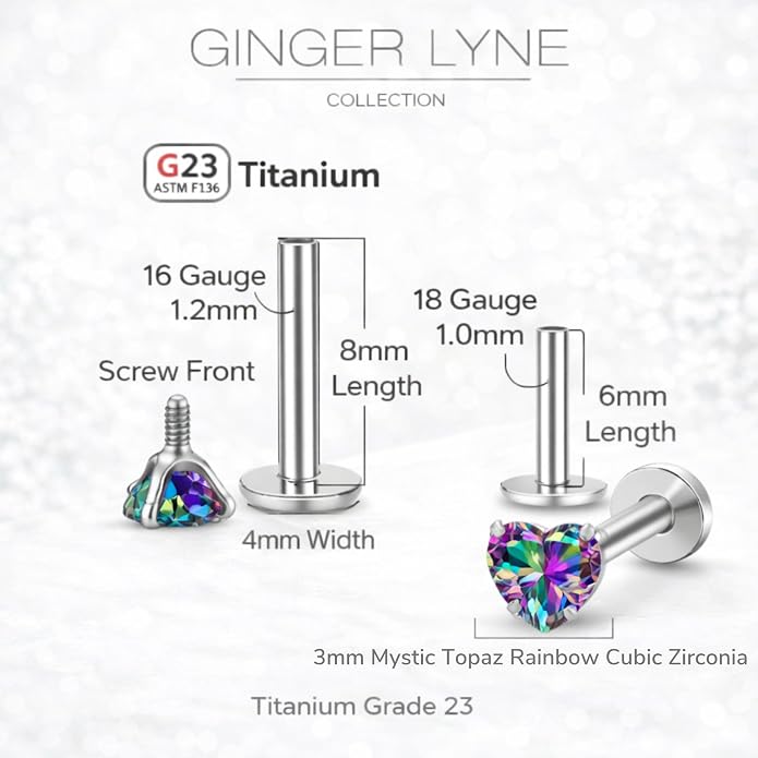 Titanium Heart CZ Labret Stud Earrings for Piercings by Ginger Lyne 6Pc Set G23 Screw Front Flat Back Body Jewelry 2 pair post 6mm, 8mm Cartilage, Helix, Tragus, Lip, Conch, Lobe