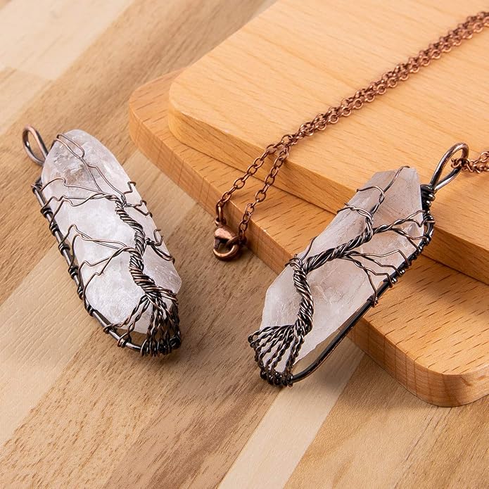 Bivei Life Tree Copper Wire Wrapped Crystal Necklace Chakra Pendant Natural Stone Quartz Reiki Jewelry Gift for Women