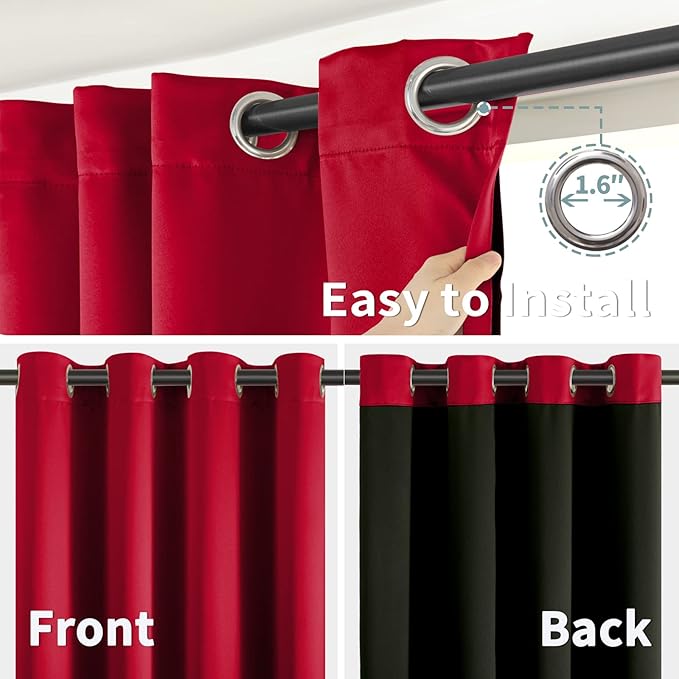 BGment Christmas 100% Blackout Curtains Thermal Insulated with Liner for Living Room Decoration - Grommet Double Layer Energy Saving Bedroom Curtain Drapes (52 x 63 Inches, Red, 2 Panels)