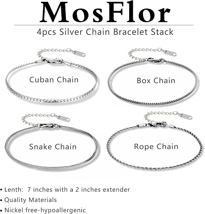 Mens Bracelet - Dainty Gold/Silver Chain Bracelet Stack 14K Gold Plated Silver Bracelets for Men Stainless Steel Adjustable Cross Charm Cuban Link Bracelet Snake Jewelry Set to Men Dad Birthday Day