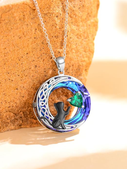 TOUPOP Cat Gifts for Cats Lovers 925 Sterling Silver Black Cat Necklace Celtic Moon Birthstone Jewelry for Women Anniversary Birthday Gift for Her Wife Mom