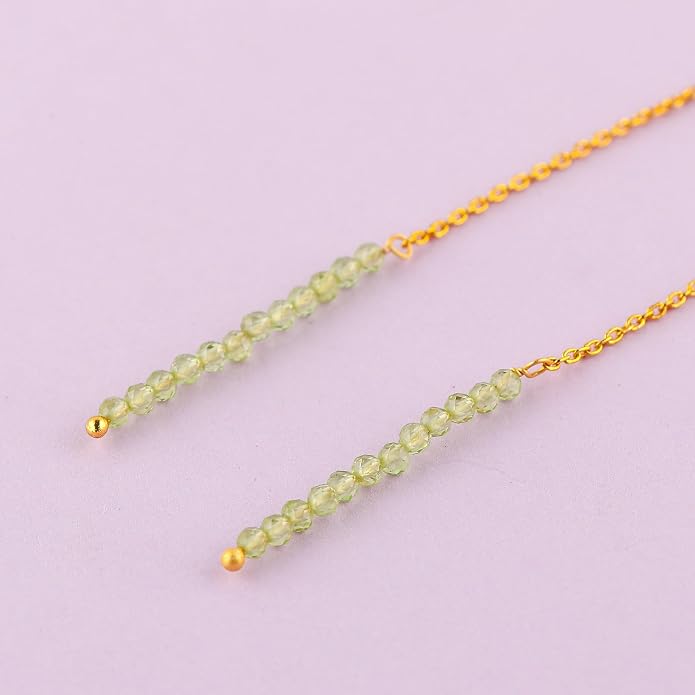 Natural Gemstone Threader Earrings for Women - Dainty 2mm Faceted Beads - Birthstone Crystal Drop Earrings - Silver Plated Healing Jewelry
