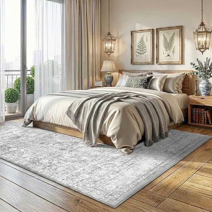 Homemate Washable Rug 5x7 Area Rugs - Vintage Faux Wool Rugs for Living Room Bedroom Dining Room - Non Slip Foldable Carpet Indoor Area Rug for Home Decor（5'x7', Grey