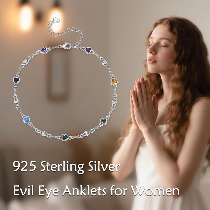 S925 Sterling Silver Evil Eye Anklet for Women, Protection Charm Ankle Bracelet, Adjustable Chain Anklet, Gift for Her