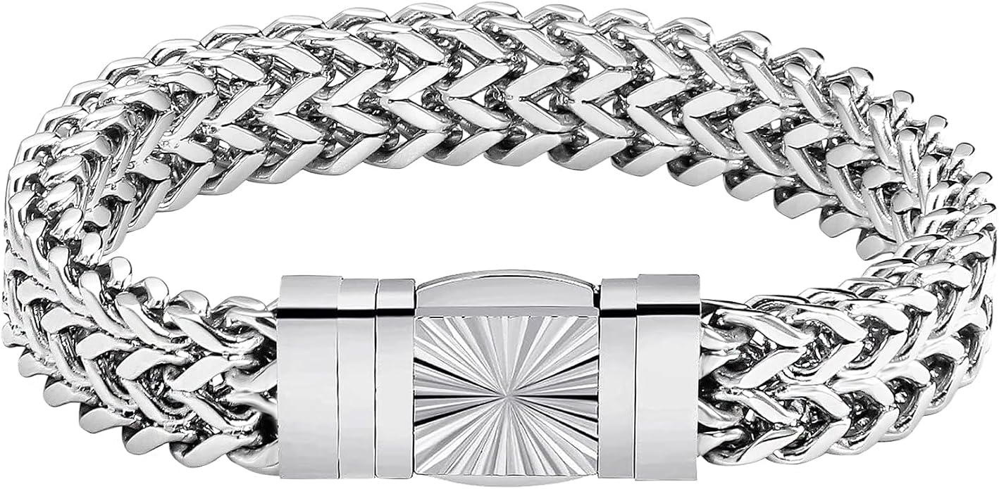 CaptainSteeL Cuban Link Chain Bracelet for Men- 316L Stainless Steel 9/10MM Width Fashion Pattern Snap Button Hip Hop Jewelry,Two Style Cuban Bracelets 18K Gold Plated/Stainless Steel with Gift Box