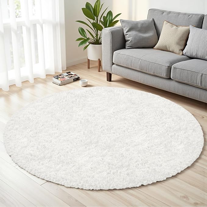 White Round Fluffy Rug 6ft,Soft Bedroom Circle Rugs Mats for Kids Girls Nursery Room,Washable Plush Shaggy Indoor Non Slip Rug for Bedside Living Room Bedroom Circular Carpet,Home Decor Aesthetic