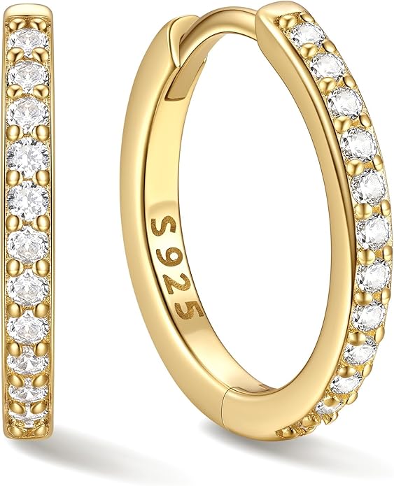 ChicSilver 925 Sterling Silver Huggie Earrings for Women 14K Gold Plated Silver Hoop Earrings for Women Hypoallergenic Small Cubic Zirconia Huggie Earring (6/8/10/12/14/16/18/20mm)