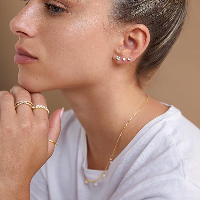 PAVOI 14K Gold Plated Solid 925 Sterling Silver Post Cubic Zirconia Stud Flat Back Earrings for Women | Cartilage Earring | Helix Piercing Jewelry | Small Stud Earrings for Women