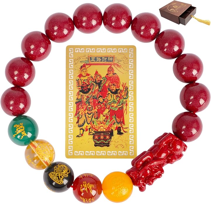 Five Roads Wealth God Cinnabar Pixiu Bracelet - Feng Shui Red String Bracelet for Good Luck & Money Attraction, Fortune Blessing for Men & Women, Adjustable Lucky Charm Bracelet (Classic & Cinnabar Options, 8/10/12mm)