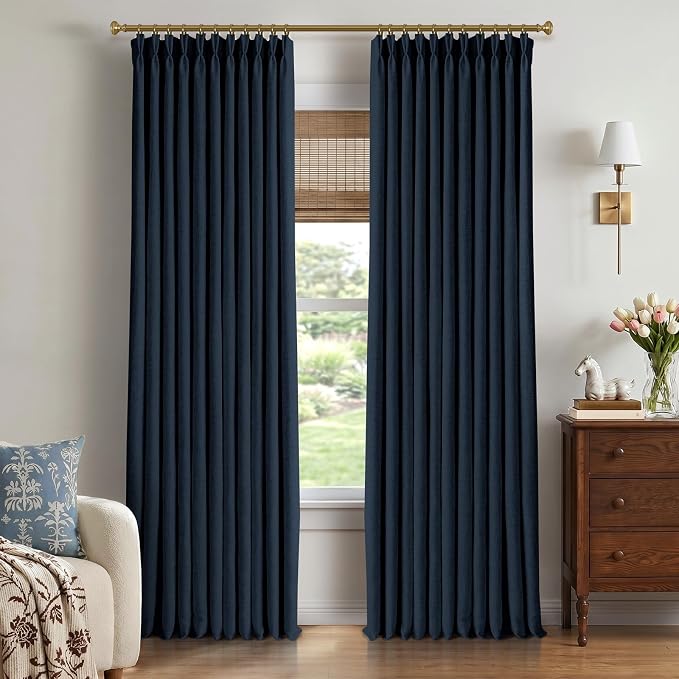 CAPALOCA Navy Blue Linen Pinch Pleated Curtains Blackout, 100% Black Out Curtains 96 inch Long for Bedroom, Blackout Thermal Insulated Pinch Pleated Drapes for Living Room, 40" W x 96" L, 2 Panels