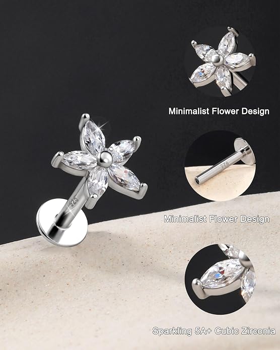 Jewseen 925 Sterling Silver Flat Back Stud Earrings 16g Internally Threaded Tragus Helix Earrings Flower Lip Stud Nose Piercing Jewelry for Women Men