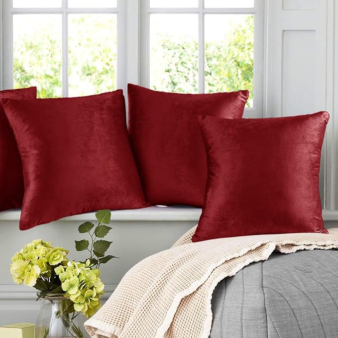 Nestl Throw Euro Pillow Covers, Cozy Velvet Decorative Pillow Covers 26x26 Inches, Soft Solid Couch Pillow Case for Sofa, Bed and Car, Set of 4 - Cherry Red
