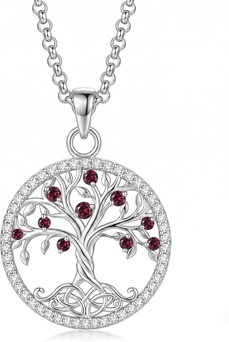 ONEFINITY Tree of Life Necklace 18k White Gold Plated Tree of Life Birthstone Pendant Necklace Birthstone Jewelry Anniversary Birthday Gifts for Women Men