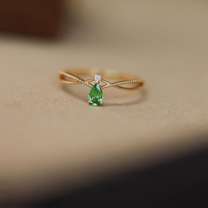 925 Sterling Silver Birthstone Ring for Women Non Tarnish Stackable Ring 14K Gold Plated Pear Teardrop Green Cubic Zirconia Crown V Engagement Promise Rings Wedding Graduation Jewelry Gifts