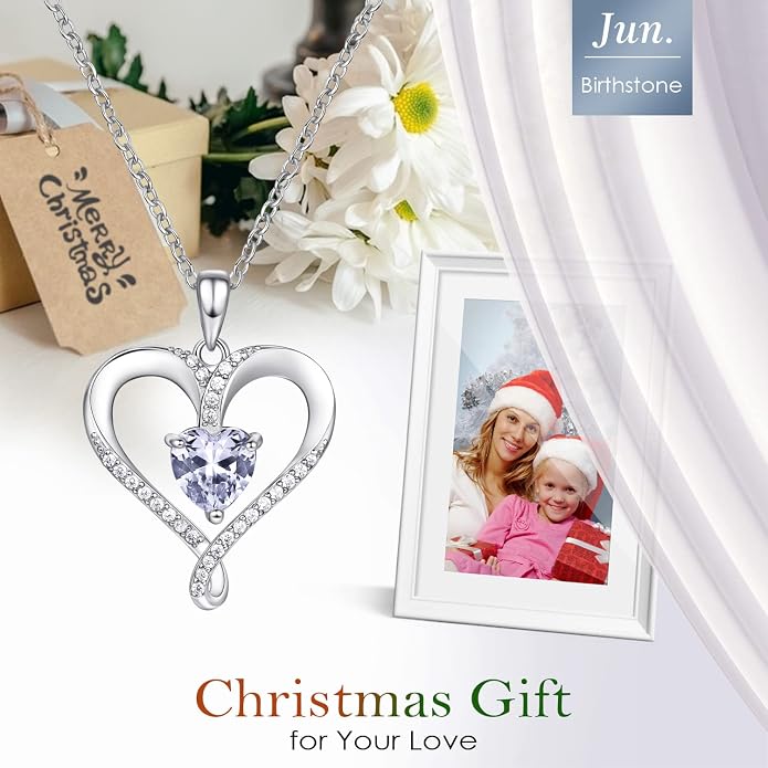 Birthstone Necklace for Women, 18K White Gold Heart Necklace Filled 925 Sterling Silver, Diamond Womens Jewelry Christmas Gifts for Women Wife