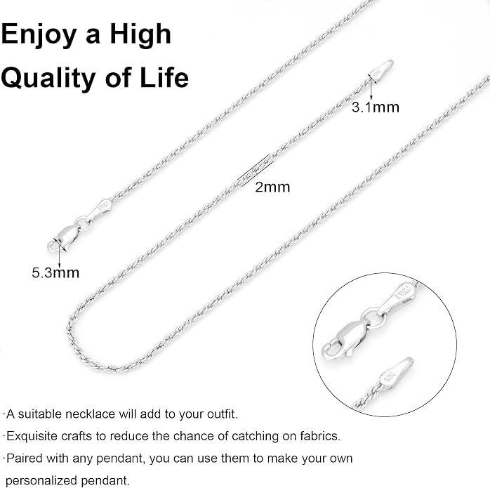 nometo Solid 925 Sterling Silver Box Chain Rope Chain Lobster Clasp Silver Chain for Men Silver Necklace Chain for Women 16/14/20/22/24/26/30 Inches