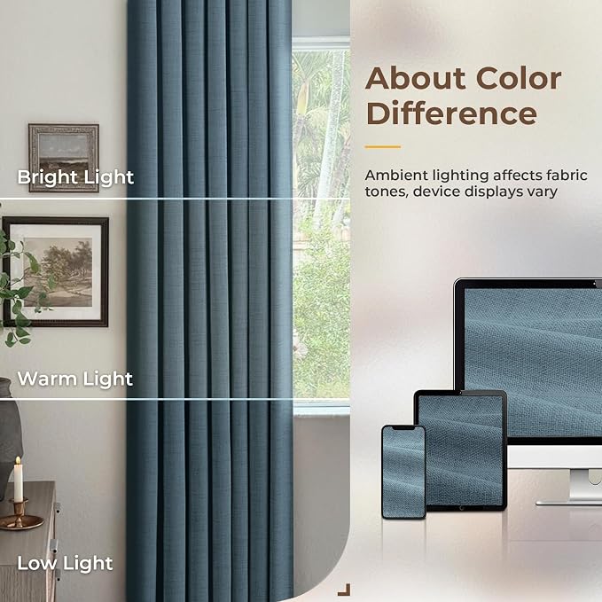 INOVADAY 100% Blackout Curtains for Bedroom, Stone Blue Black Out Curtains 102 Inch Long, Clip Rings Linen Blackout Drapes, Thermal Insulated Room Darkening for Living Room, 2 Panels - W50xL102