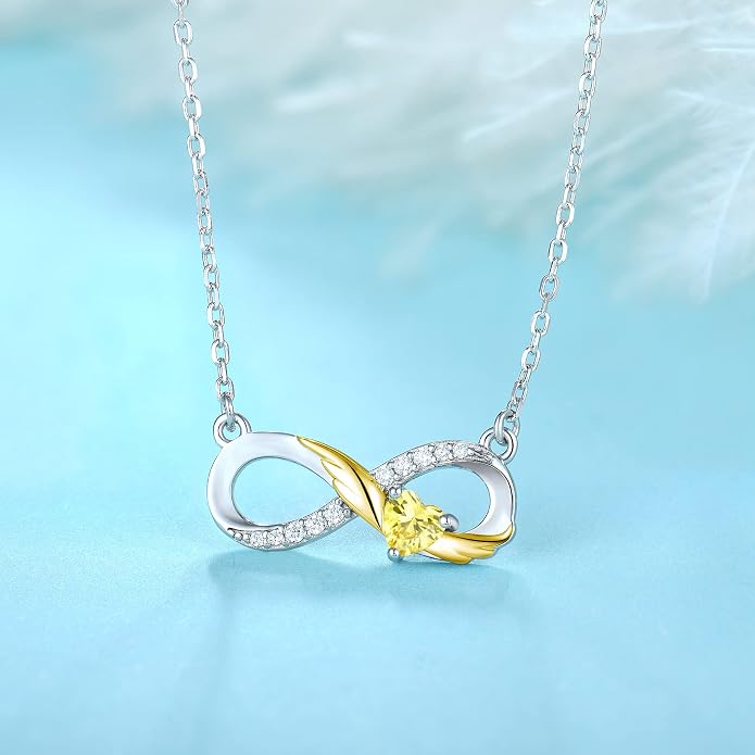 STARCHENIE Infinity Necklace 925 Sterling Silver Angel Wings Heart Birthstone Necklace for Women