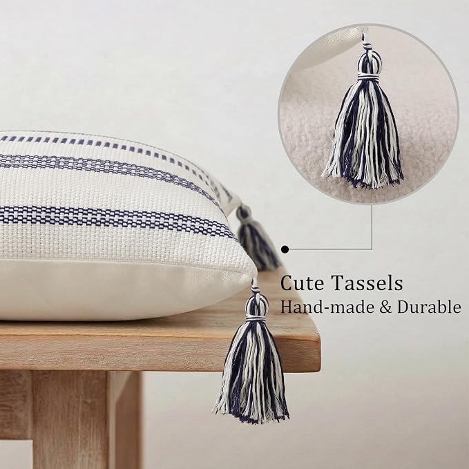 Smile Bee Boho Outdoor Couch Throw Pillow Covers Set of 2 Decorative Lumbar Thick Woven Striped Accent Neutral Pillow Covers with Tassels for Bed Sofa Home Decor 12x20 Inch, Navy Blue and Cream White | Woven Cozy Boho Decorative Modern Farmhouse Accent...