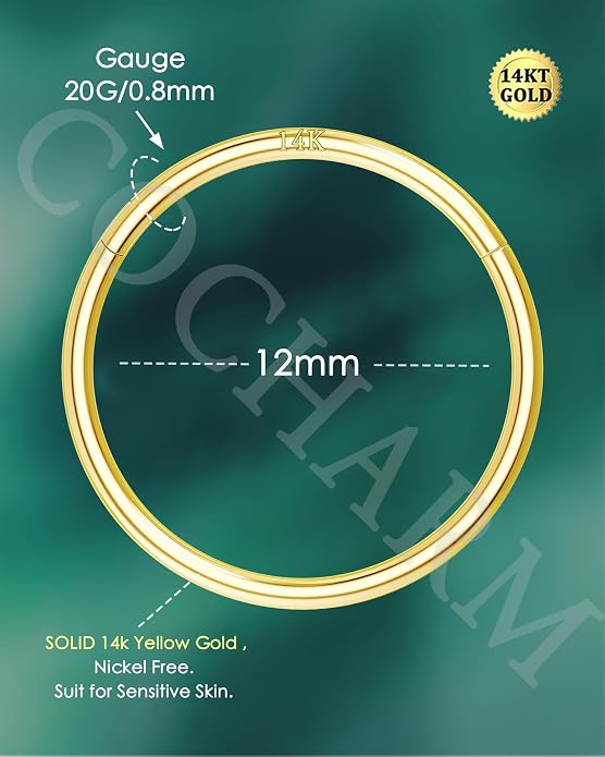 COCHARM 14K Solid Gold 18g/16g Nose Rings 16G Septum Rings Yellow Gold Tragus Helix Cartilage Conch Earring Hoops 18 Gauge Piercing Hoop