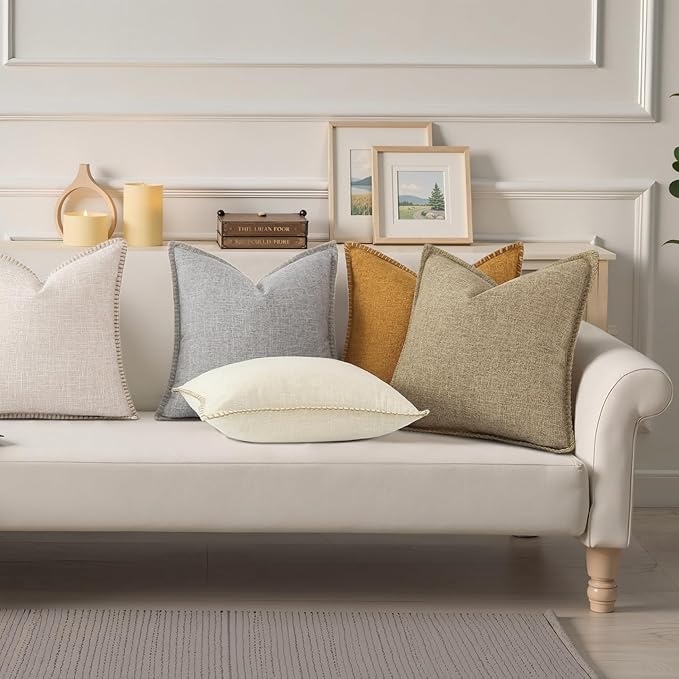 decorUhome Light Grey Faux Linen Outdoor Throw Pillow Covers 24x24 Set of 2 | Fall Decorative Textured Neutral Modern Farmhouse Pillow Covers with Stitched Edge for Couch Sofa Bed Living Room