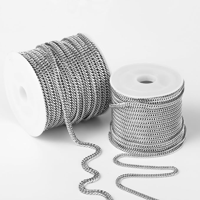 33 Feet Stainless Steel Double Cuban Link Chain Roll, 3.88mm Width 304 Stainless Steel Curb Chains Spool Bulk for Jewelry Making Chain