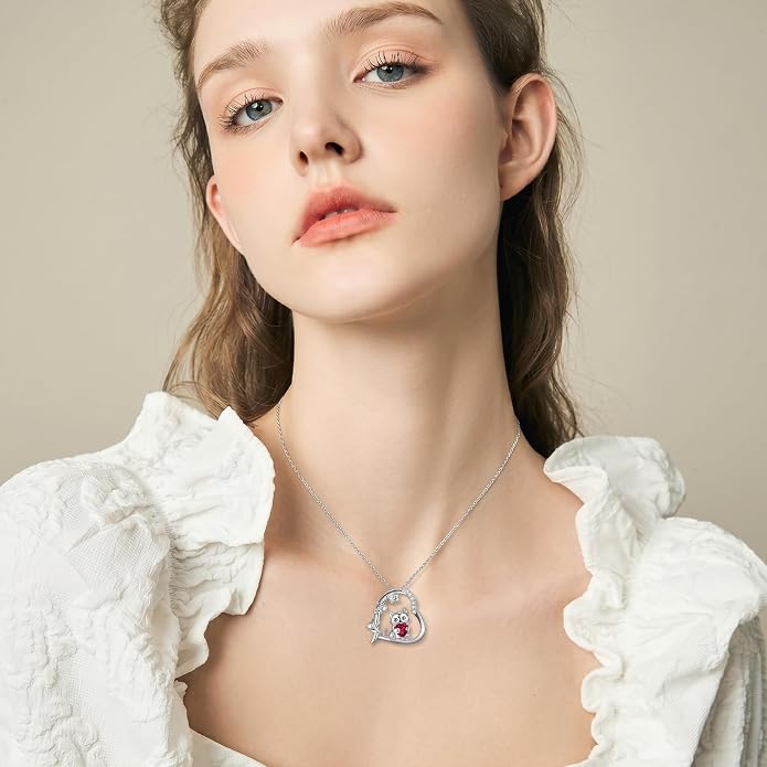 PELOVNY Teddy Bear Necklace for Women 925 Sterling Silver Bear/Highland Cow/Fox/Cat/Axolotl Birthstone Necklace Christmas Birthday Jewelry Gifts for Mom Daughter Wife Sister