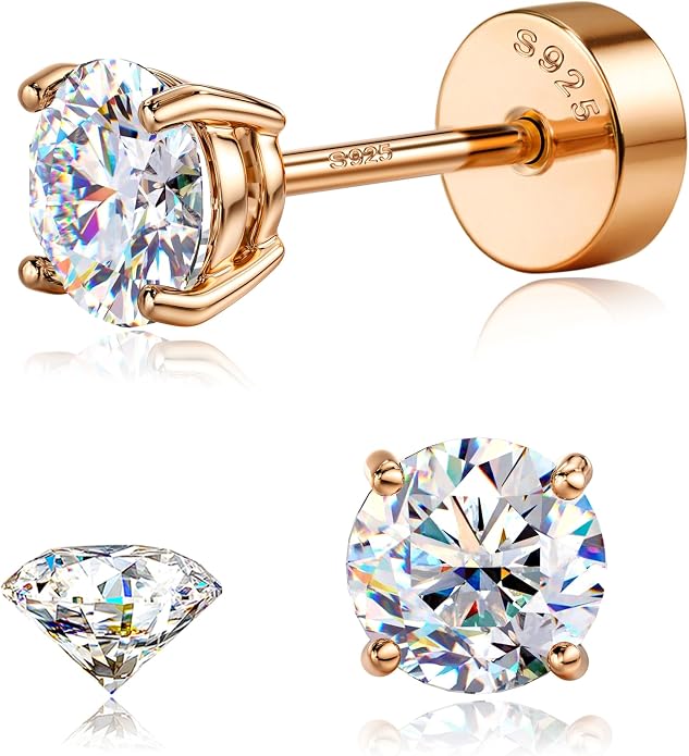 GEMQUEEN Moissanite Earrings Studs : 18K Gold Plated Solid 925 Sterling Silver Stud Earring for Women Men Hypoallergenic Dainty Moissanite Jewelry for Sensitive Ears Round Cut D Color VVS1 2-7.5mm