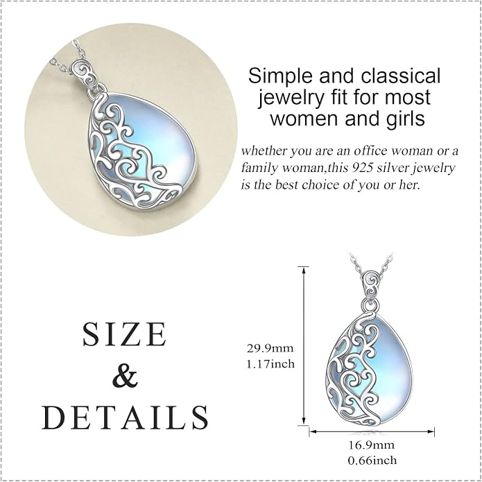 YAFEINI 925 Sterling Silver Moonstone Necklace Filigree Teardrop Pendant Necklace Jewelry for Women Girls