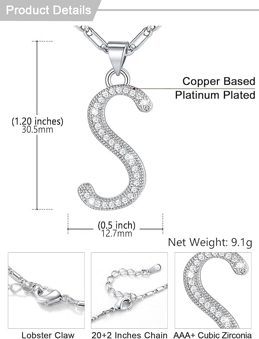 U7 Initial Necklace for Women, Gold/Platinum Plated CZ Crystal Letter A-Z Pendant Necklace, Shiny 20 Inch Name Chain Dainty Personalized Jewelry for Men Mom Wife Friend