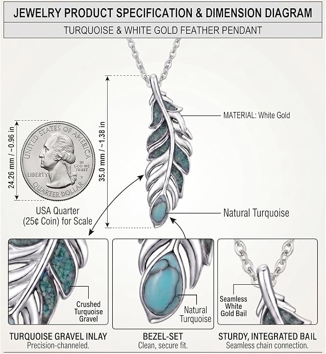 Feather Necklace White Gold Boho Jewelry Nature Inspired Statement Birthstone Pendant Gifts for Women
