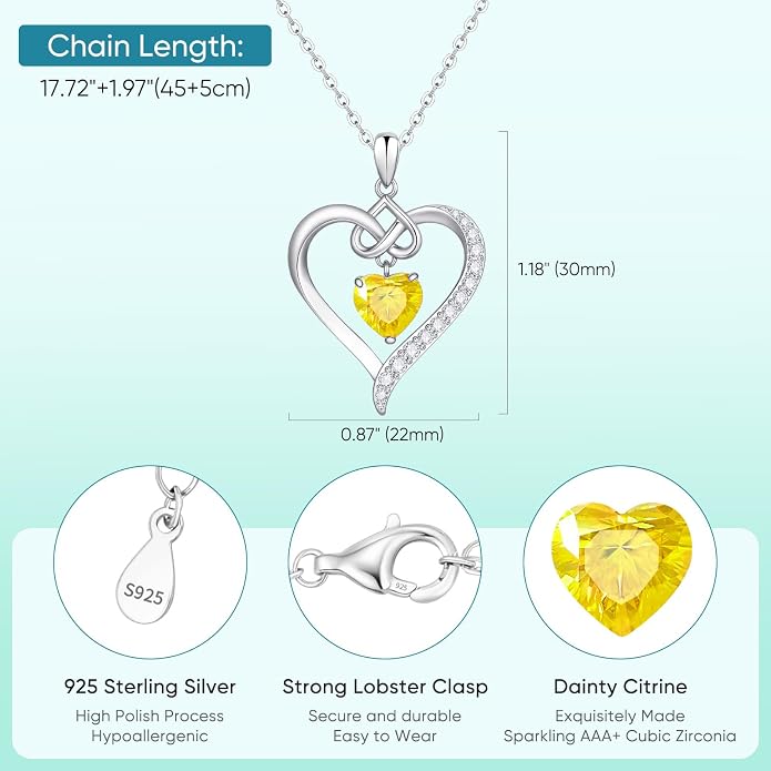 925 Sterling Silver Birthstone Heart Necklace for Women - Infinity Love Pendant with Cubic Zirconia, 12 Colors, Valentine's Day Gift for Her, 12 Months, Birthday Anniversary Christmas Jewelry Gifts