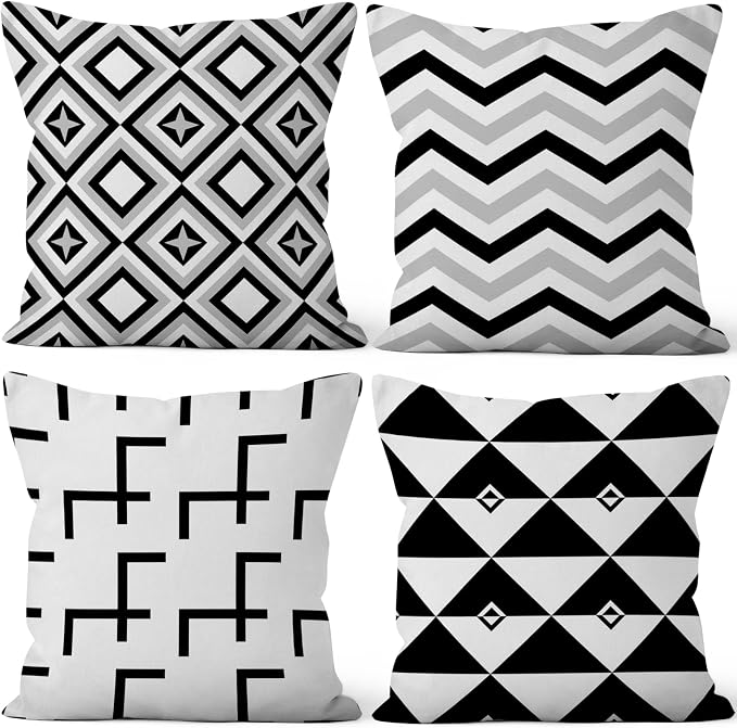 Black White Throw Pillow Cover 18"x18" Set of 4, Modern Minimalist Geometric Irregular Stripes Cushion Cover for Sofa Chair Couch Bed Office Garden Patio Farmhouse Indoor Outdoor