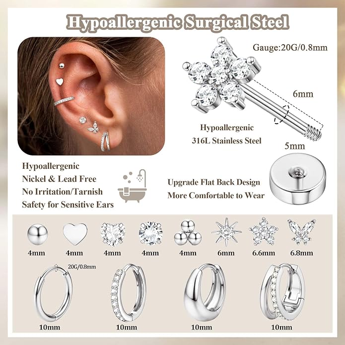 Jstyle Hypoallergenic 14K Gold Plated Stud Hoop Earrings for Women Men Surgical Stainless Steel Flat Back Earrings Small Huggie Hoops Cartilage Earring Set for Multiple Piercing Jewelry Gift for Women