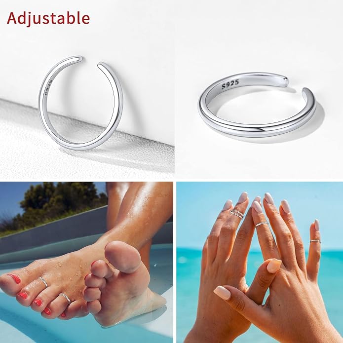 ChicSilver 925 Sterling Silver Toe Ring Minimalist Hypoallergenic Adjustable Band Ring Summer Beach Bare Foot Jewelry