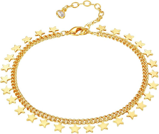 Dremmy Studios Gold Bracelet for Women 18K Gold Plated Dainty Paperclip Cubic Zirconia Disc Coin Star Cable Satellite Bead Pearl Simple Boho Minimalist Stacking Layered Link Jewelry Gift