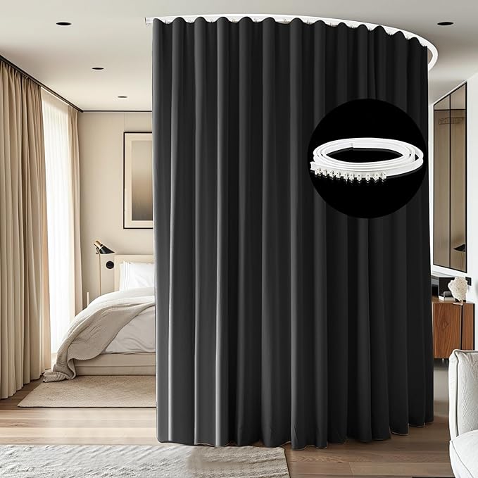 Room Divider Ceiling Mounted Curtains Track Sets Extra Wide Blackout Curtain Flexible Tracks for Bedroom Privacy Partition Separator, 1 Panel Black Drape and White Rail, W10 x H9ft