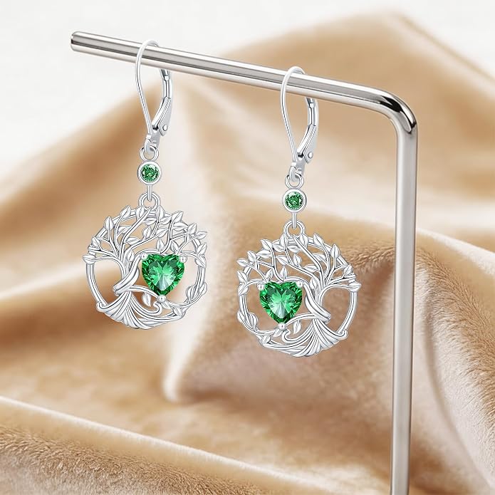 Odinstone 925 Sterling Silver Earrings Tree of Life Teardrop Moonstone Dangle Drop Leverback Earrings for Women