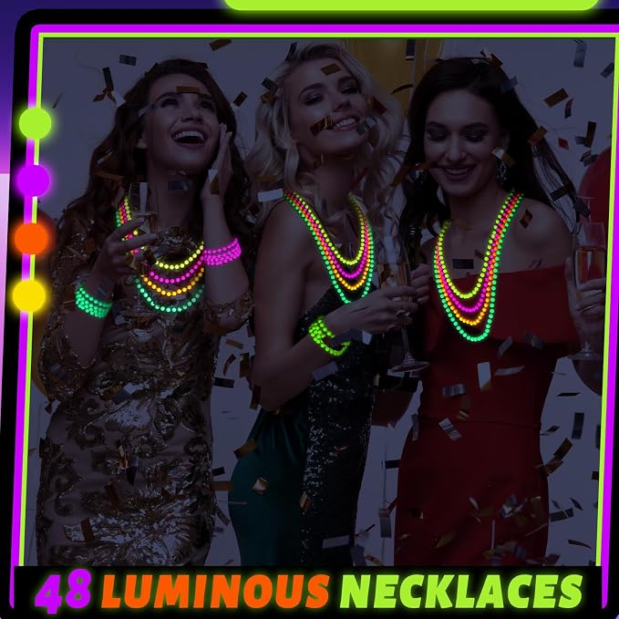 Ecally 24 Pieces Neon Beads Necklaces 33" Glow in The Dark UV Neon Bead Necklaces Glow Party Supplies 80s UV Black Light Accessories Bulk for Birthday Decorations Wedding Mardi Gras Party