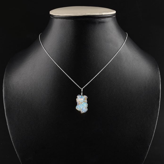 Raw Ethiopian Fir Opal Pendant Necklace for Women, Dainty Pendant, Handmade October Birthstone, Hypoallergenic Spiritual Healing Stone 925 Sterling Silver Chain 20" Birthday Gifts