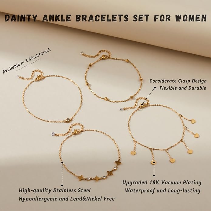 LOFITOR Ankle Bracelets for Women Glitter Waterproof Adjustable Anklet Set for Women 18K Gold Plated Silver Charm Dainty Layered Anklets, Summer Beach Anklet Jewelry for Women
