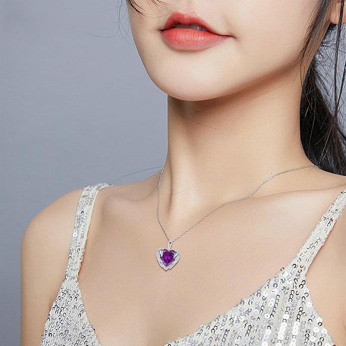 Angel Wings Necklace for Women 925 Sterling Silver Cubic Zirconia Love Heart Birthstone Pendant Necklaces
