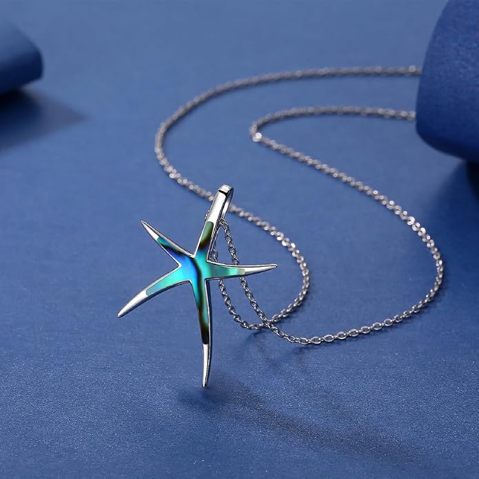 Cuoka Starfish Necklace, 925 Sterling Silver with Opal, Hawaiian Beach Nautical Ocean Pendant, Starfish Jewelry Opal Jewelry Valentine for Women Girlfriend